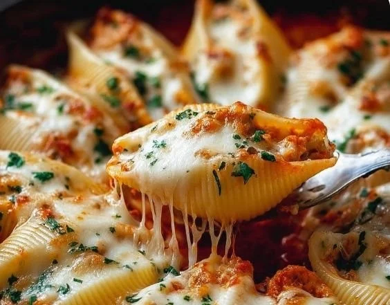 Delicious plate of melty cheesy stuffed shells topped with sauce and herbs