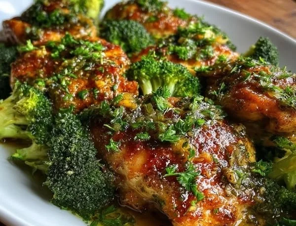 Healthy Chicken and Broccoli dish served on a white plate with colorful vegetables