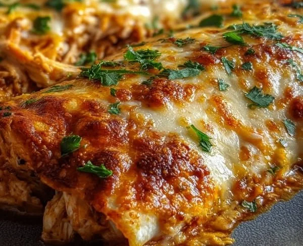 Plate of homemade Chicken Enchiladas topped with cheese and salsa