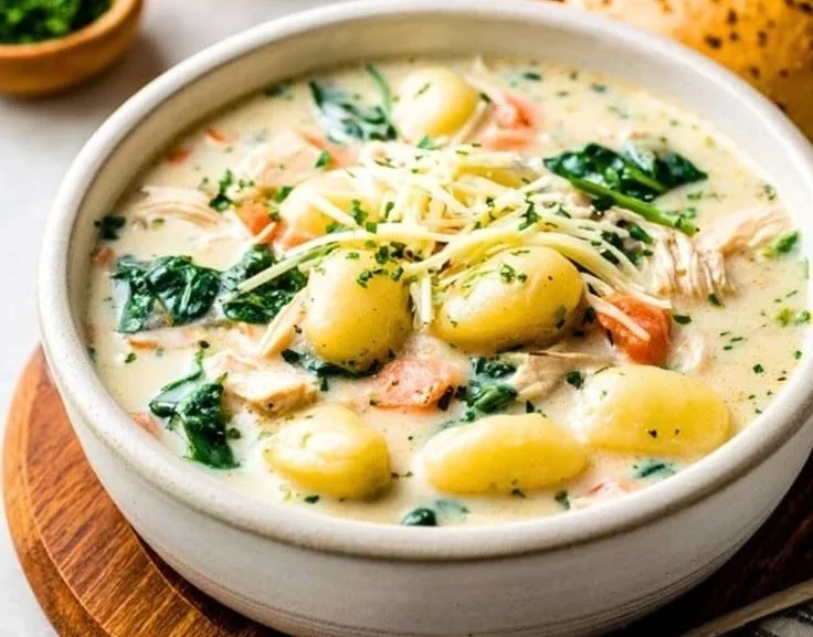 Bowl of Chicken Gnocchi Soup inspired by Olive Garden recipe