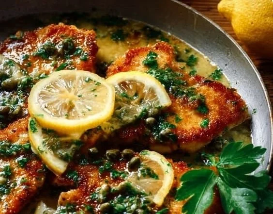 Deliciously plated Chicken Piccata with capers and lemon sauce