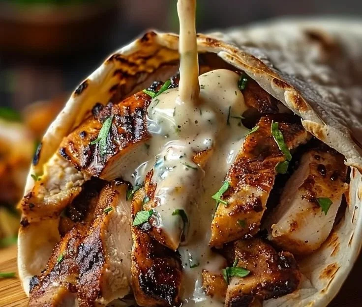Delicious Chicken Shawarma served with homemade garlic sauce on a plate