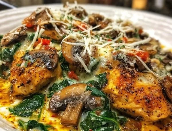 Chicken Spinach Mushroom Low Carb Oven Dish baked to perfection