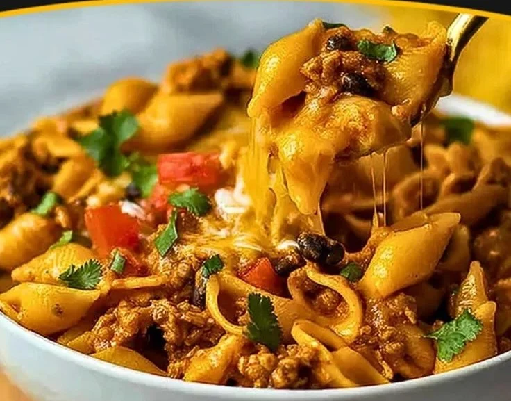 Delicious Chicken Taco Pasta served in a bowl with toppings
