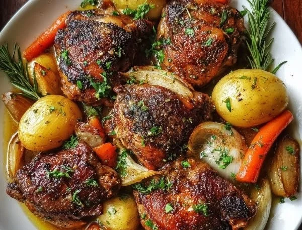 Delicious chicken thigh pot roast served with vegetables and herbs