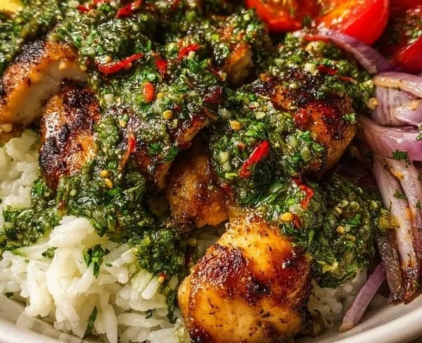 Chimichurri Chicken Bowl topped with garlic sauce, colorful and appetizing meal option.