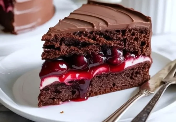 Chocolate cake with cherry pie filling topped with whipped cream and cherries