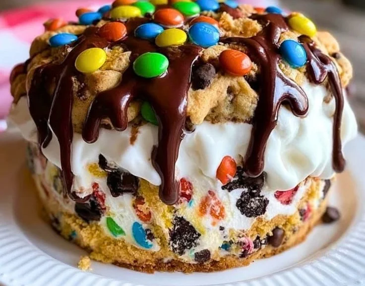 Chocolate M&M's and cookie dough ice cream cake decorated with colorful candies