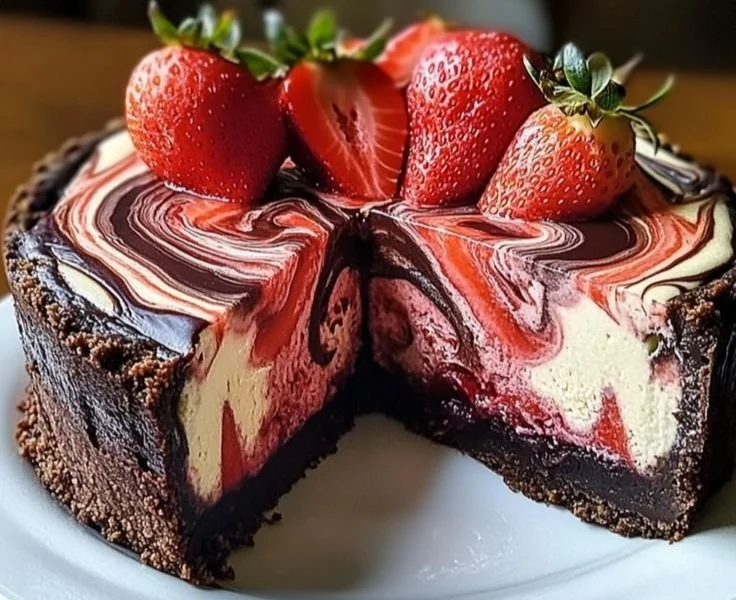 Chocolate Strawberry Swirl Cheesecake with chocolate and strawberry layers