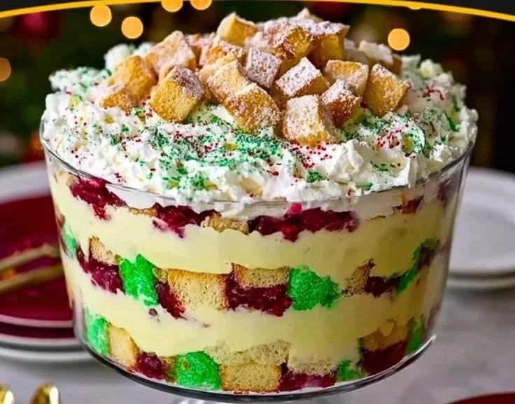 A delicious Christmas tree cake trifle topped with festive decorations for the holidays.