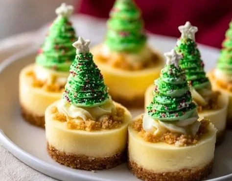Festive Christmas Tree Mini Cheesecakes decorated for the holidays.