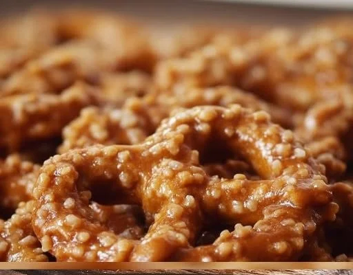 Delicious Church Lady Butter Toffee Pretzels stacked on a white plate