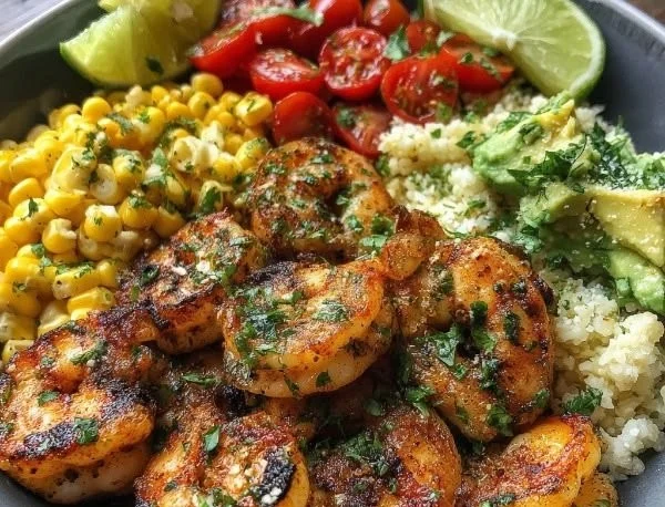 Delicious cilantro lime shrimp bowl with fresh ingredients