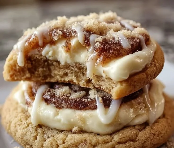 Freshly baked cinnamon roll cheesecake cookies on a cooling rack.