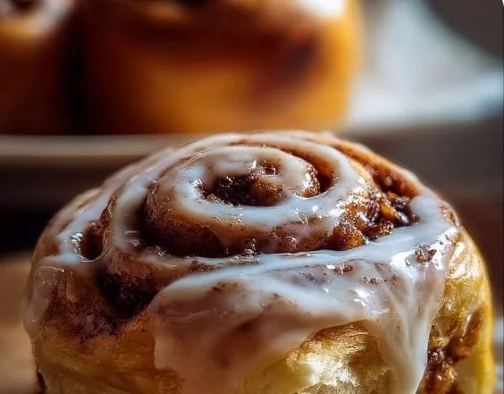 Delicious homemade cinnamon rolls with icing on a plate.