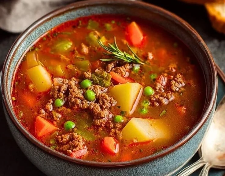 Bowl of classic ground beef soup garnished with herbs