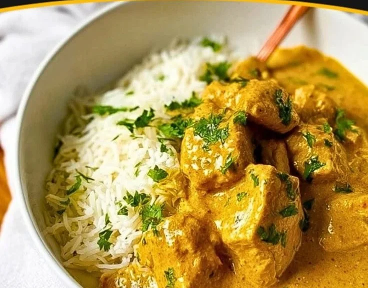 Delicious coconut curry chicken served with rice and garnished with cilantro