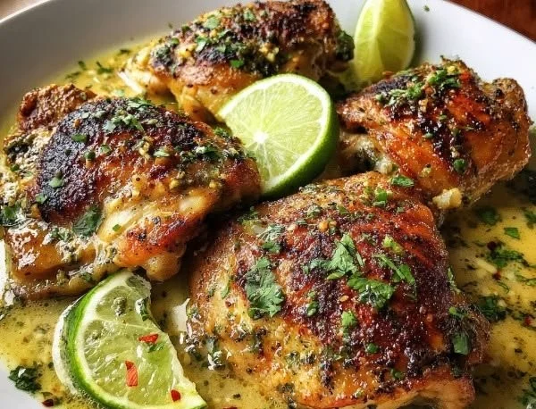 Plate of Coconut Lime Chicken garnished with lime slices and fresh herbs.