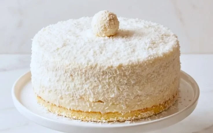 Delicious Coconut Raffaello Cake topped with coconut flakes and white chocolate.