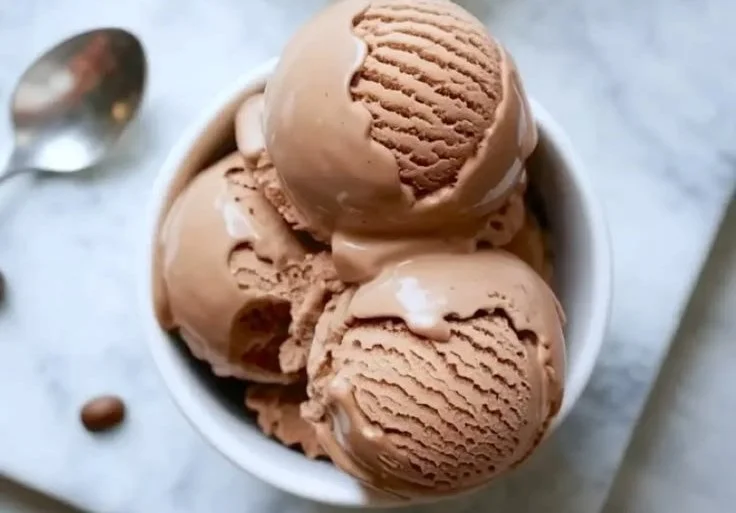 Delicious bowl of coffee ice cream topped with chocolate shavings.