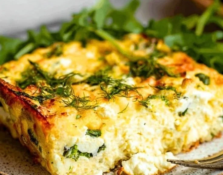 Delicious Cottage Cheese Egg Bake topped with herbs and vegetables