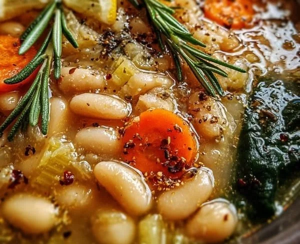 Cozy Rosemary & Garlic White Bean Soup garnished with fresh herbs and spices