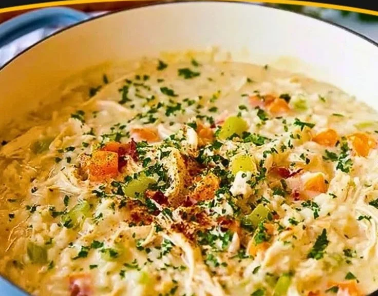 Delicious bowl of Crack Chicken Rice Soup topped with herbs and spices