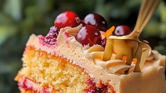 Cranberry-Orange Layer Cake with Citrus Buttercream decoratively plated.