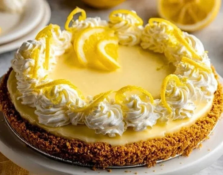Delicious Cream Cheese Lemonade Pie slice on a plate garnished with lemon.