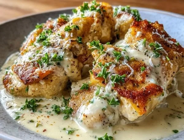 Creamy chicken boursin sauce served over grilled chicken fillet.
