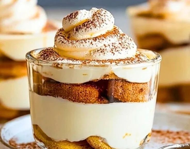 Creamy eggnog dessert cups with tiramisu layered in festive presentation.