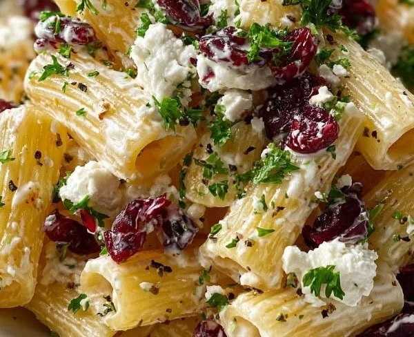 Creamy feta and cranberry rigatoni salad in a colorful bowl