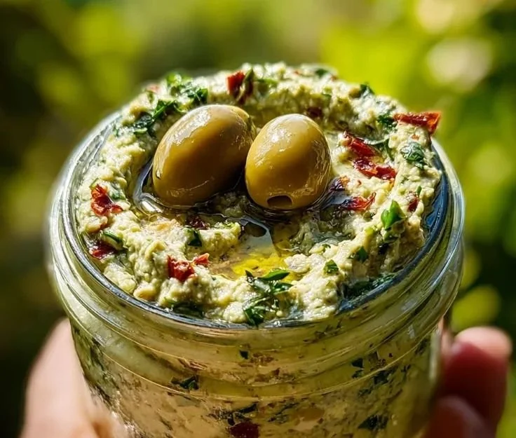 Creamy feta and green olive dip served in a bowl with fresh herbs
