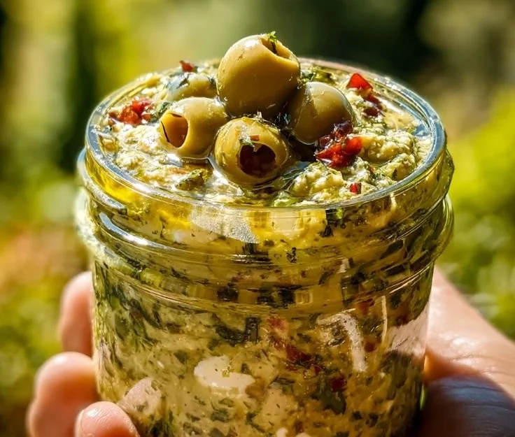 Creamy feta and green olive dip served in a bowl with fresh herbs