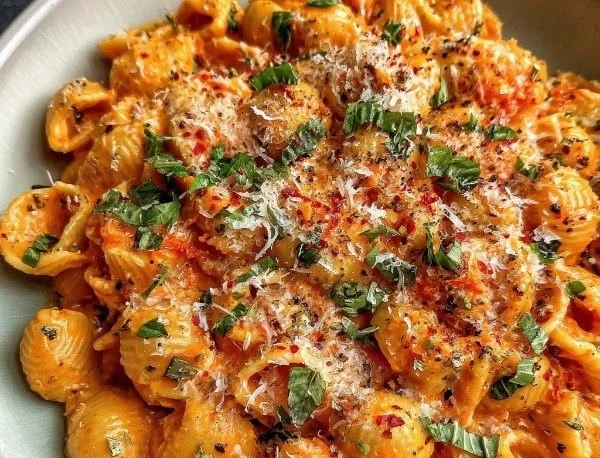 Creamy fresh tomato garlic pasta served in a bowl with herbs