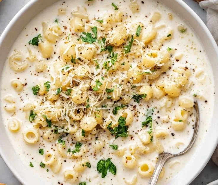 Bowl of creamy garlic parmesan soup garnished with herbs and croutons
