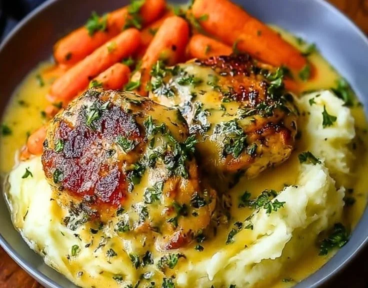 Creamy herb chicken thighs with carrots and mashed potatoes dish