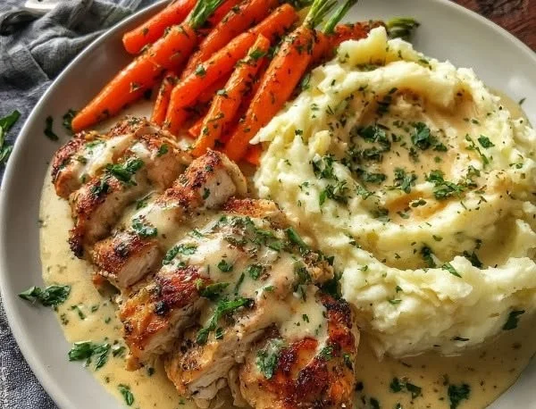 Delicious creamy herb chicken with mashed potatoes and glazed carrots