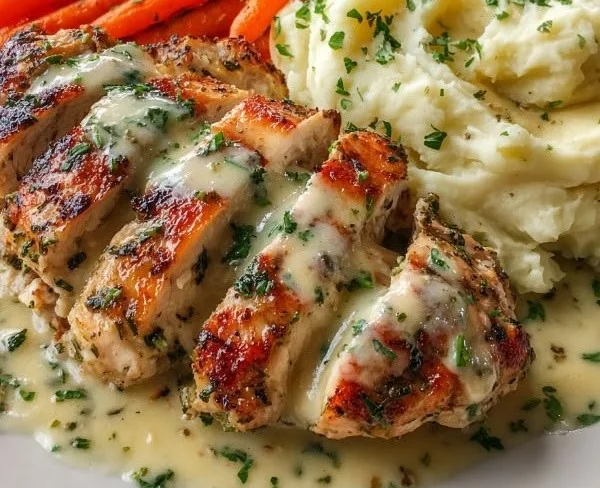 Creamy herb-infused chicken with mashed potatoes and glazed carrots on a plate