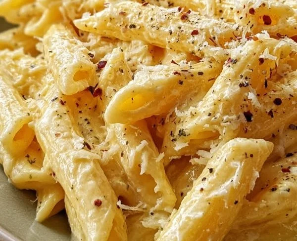Creamy Italian three-cheese pasta served in a bowl with fresh herbs