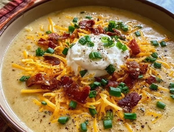 Creamy loaded baked potato soup topped with cheese and chives