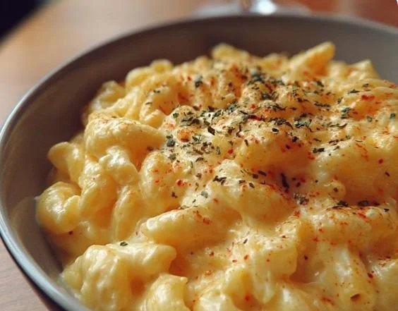 Bowl of creamy macaroni and cheese topped with breadcrumbs