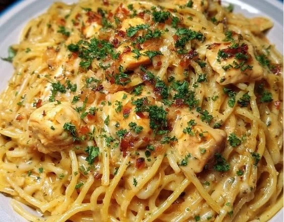 Creamy Monterey Chicken Spaghetti dish with chicken and pasta