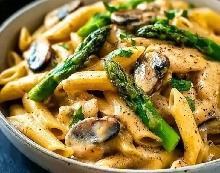 Creamy mushroom asparagus chicken penne served in a bowl with garnishes.