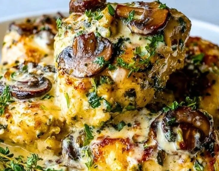 Creamy mushroom asiago chicken served on a plate with fresh herbs