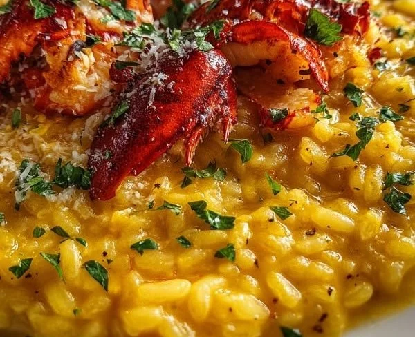 Creamy saffron-infused lobster risotto topped with fresh herbs