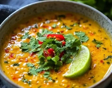 Bowl of creamy Thai coconut red lentil soup garnished with fresh herbs