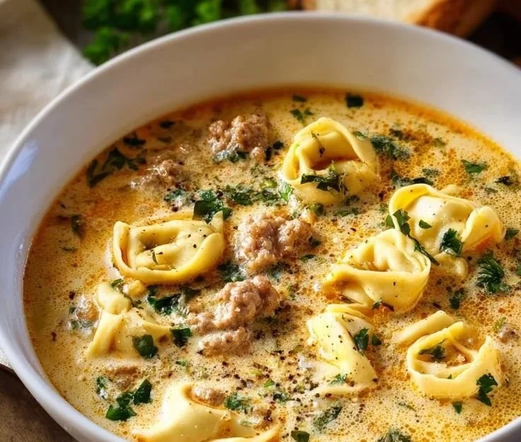 Bowl of creamy tortellini soup garnished with herbs and fresh ingredients
