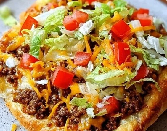 Crescent Roll Taco Pizza topped with fresh ingredients