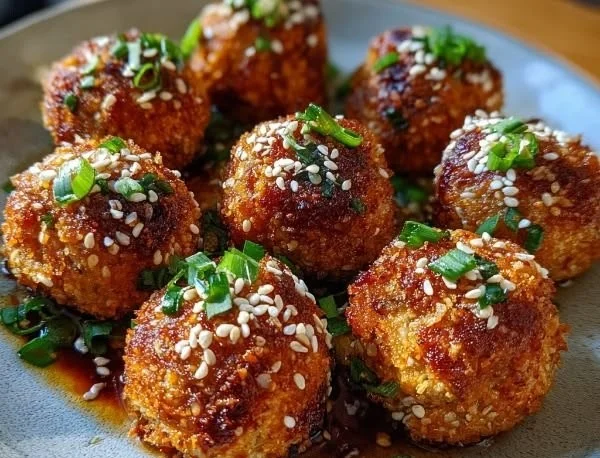 Plate of crispy air-fried tofu balls with dipping sauce